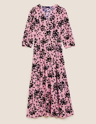Floral V-Neck Button Detail Midi Tea Dress