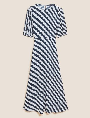 Striped Puff Sleeve Midaxi Tea Dress