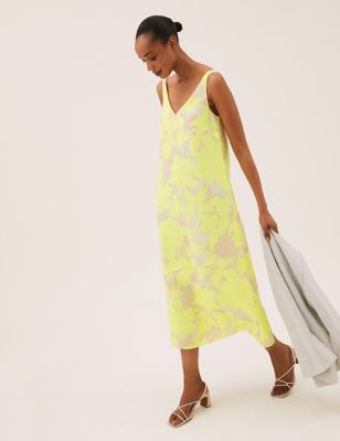 Linen Rich Floral V-Neck Midi Slip Dress