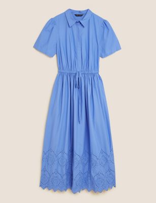 Pure Cotton Broderie Midi Shirt Dress