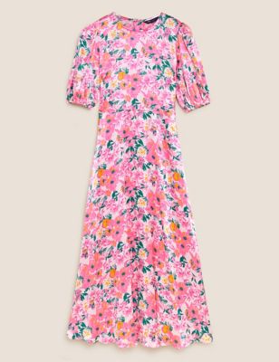 Satin Floral Round Neck Midaxi Tea Dress