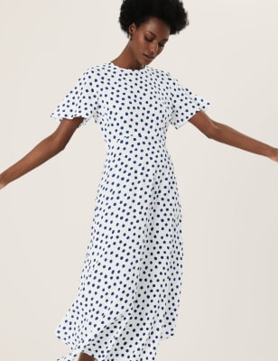 satin polka dot tie front midaxi dress