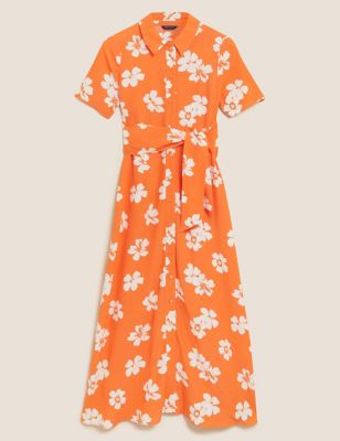 Floral Tie Front Midi Shirt Dress
