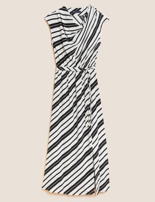 Striped Cowl Neck Midi Waisted Dress