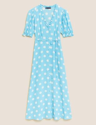 Polka Dot V-Neck Midi Tea Dress