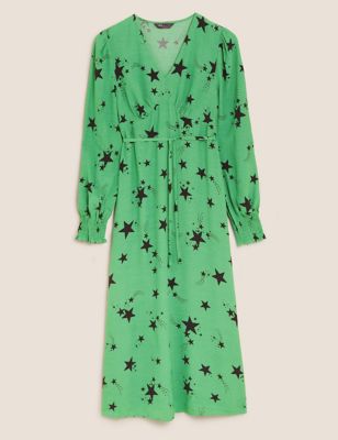 Star Print V-Neck Midi Tea Dress