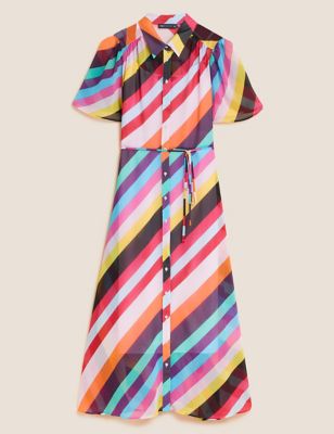 Striped Tie Front Midi Shirt Dress