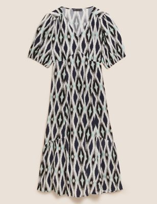 Printed V-Neck Puff Sleeve Midi Tea Dress