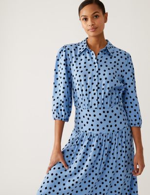 Polka Dot Blouson Sleeve Midi Shirt Dress