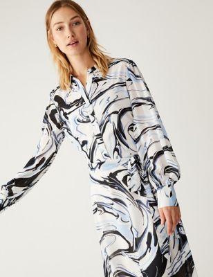 Marble Print Tie Waist Midi Shirt Dress
