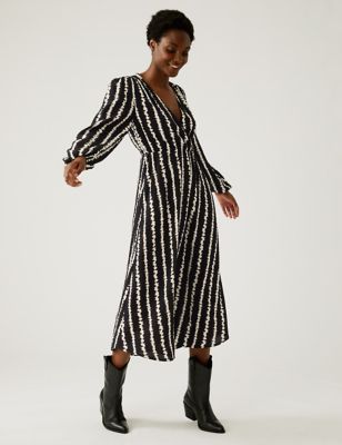 Striped V-Neck Midi Wrap Dress