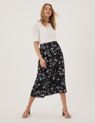 Floral Lace Trim Midi A-Line Skirt