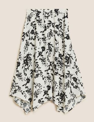 Floral Pleated Midi Asymmetric Skirt