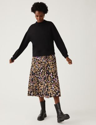 Jersey Animal Print Pleated Midi Skirt