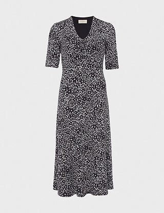 Marks & Spencer Jersey Type Black & Fawn Print Midi Dress Long Sleeve with Oval 