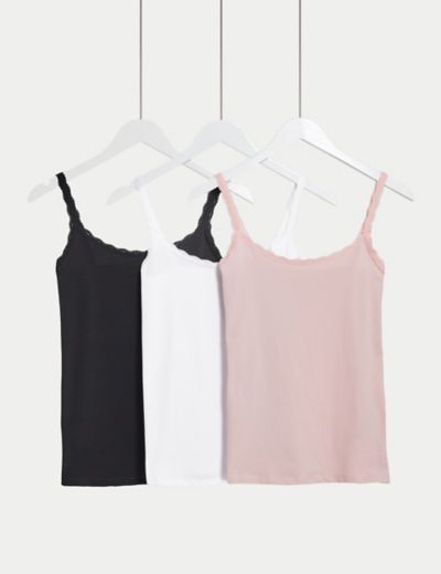 Women Vest Tank White Cotton Blend Lace Trim Sleeveless Crop Top T-shirt  Summer