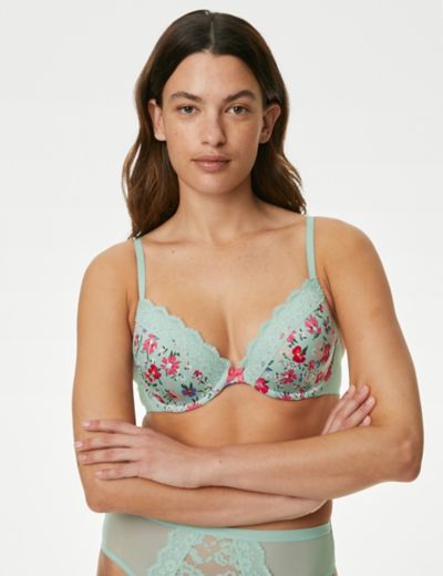 BNWH M&S 3pk underwired padded plunge bras - one floral, one navy