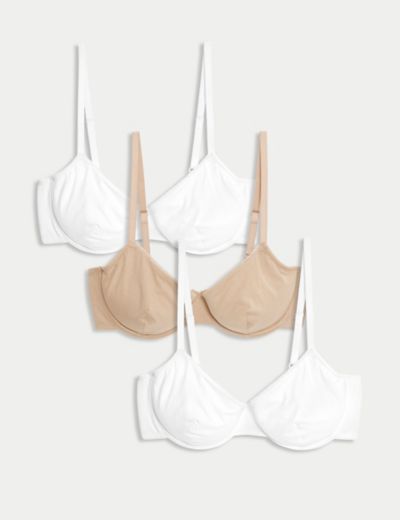 3pk Cotton & Lace Non Wired Full Cup Bras A-E, M&S Collection