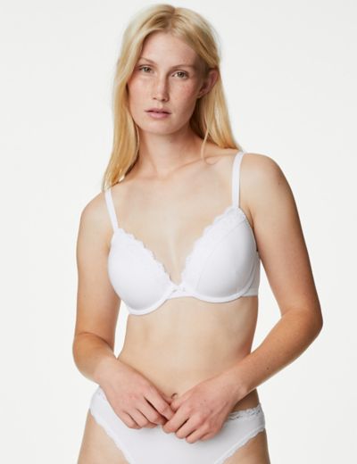 EX M&S Lace Trim Padded Full Cup T-Shirt Bra AA-E IN WHITE AND