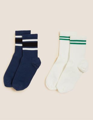 2pk Cotton Rich Striped Ankle High Socks