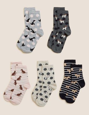5pk Cotton Rich Dog Print Ankle High Socks
