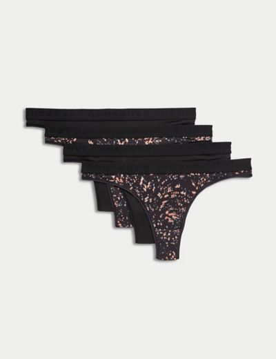 5pk Cotton & Lace Printed Thongs, M&S Collection