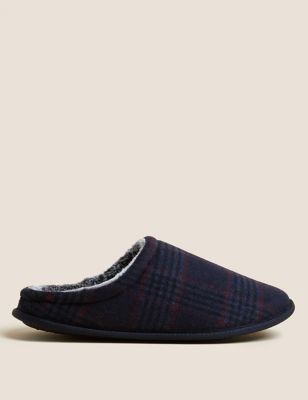 Fleece Lined Checked Mule Slippers