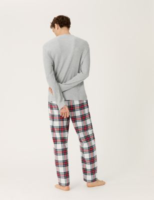 Man's winter Pack of 2 Check Fleece Cuffed Pyjama Bottoms UK Size S 