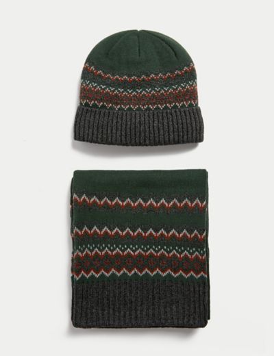 Fair Isle Lochinver Hat, Scarf & Gloves Set in Olive