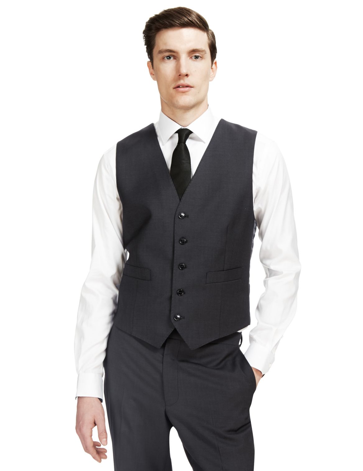 Pure New Wool Tailored Fit 5 Button Waistcoat Charcoal | Eizzy