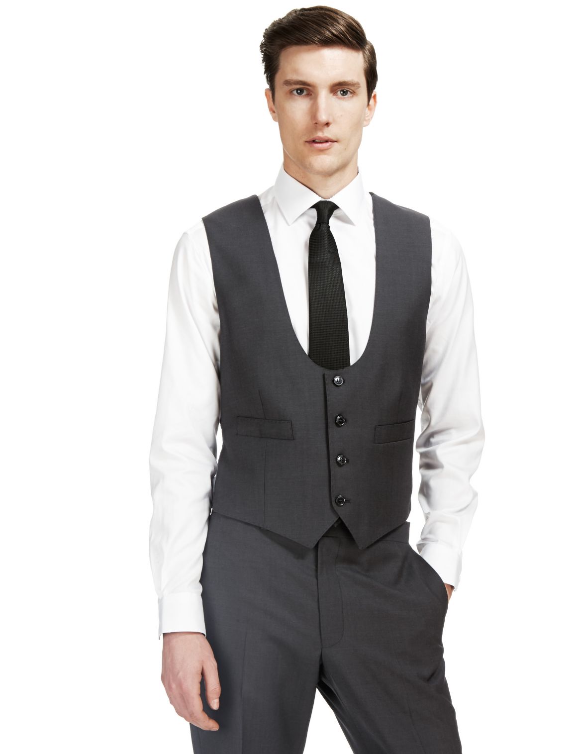 Pure New Wool Tailored Fit 4 Button Waistcoat Charcoal | Eizzy