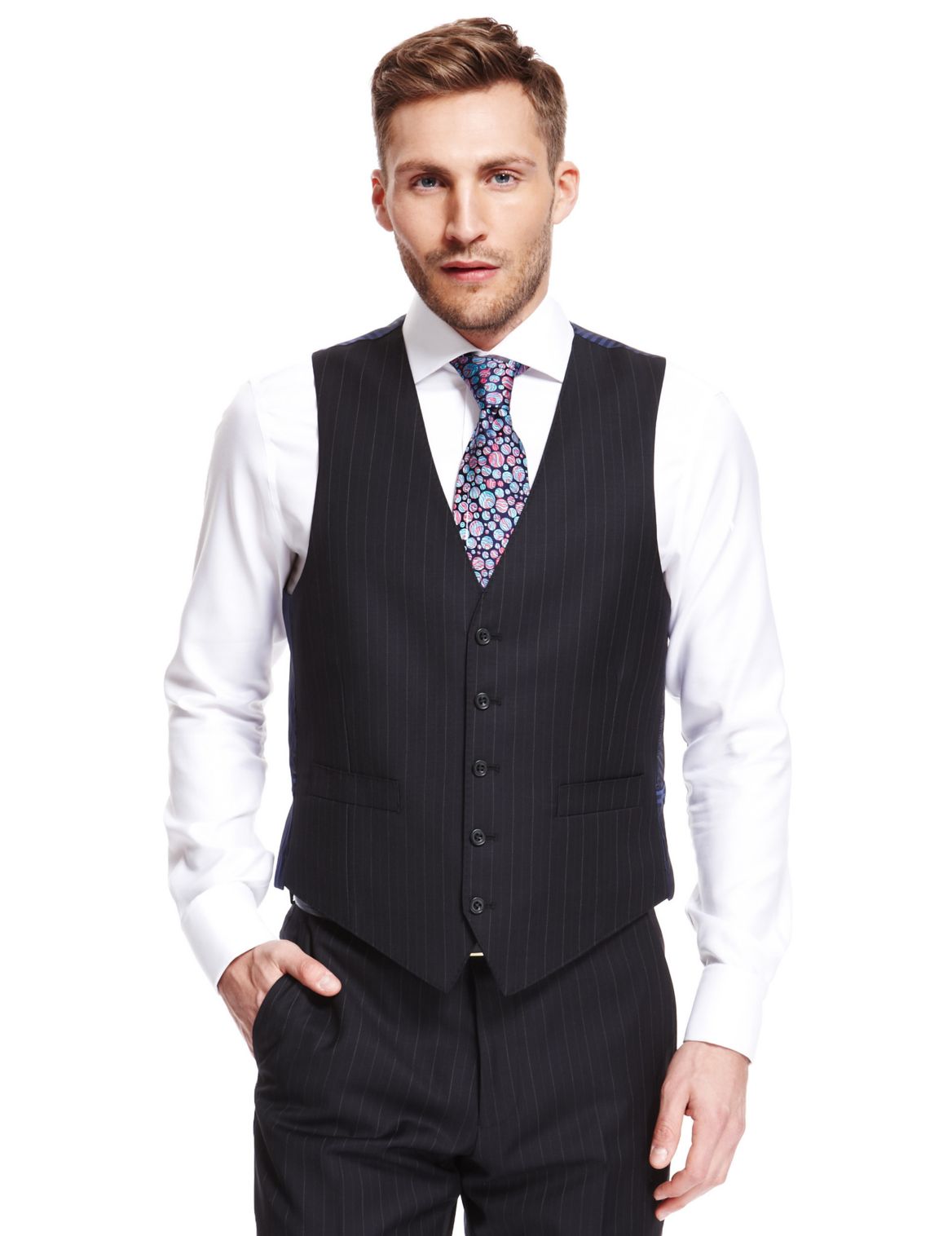 Pure Wool 5 Button Pinstriped Waistcoat Navy | Eizzy