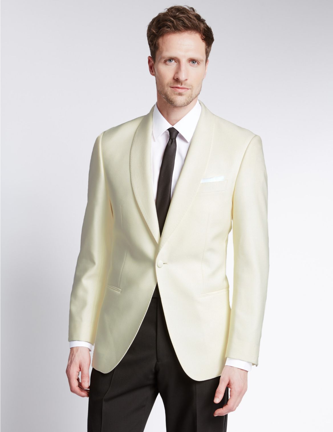 Wool Blend Tailored Fit 2 Button Tuxedo Jacket White | Edgemix