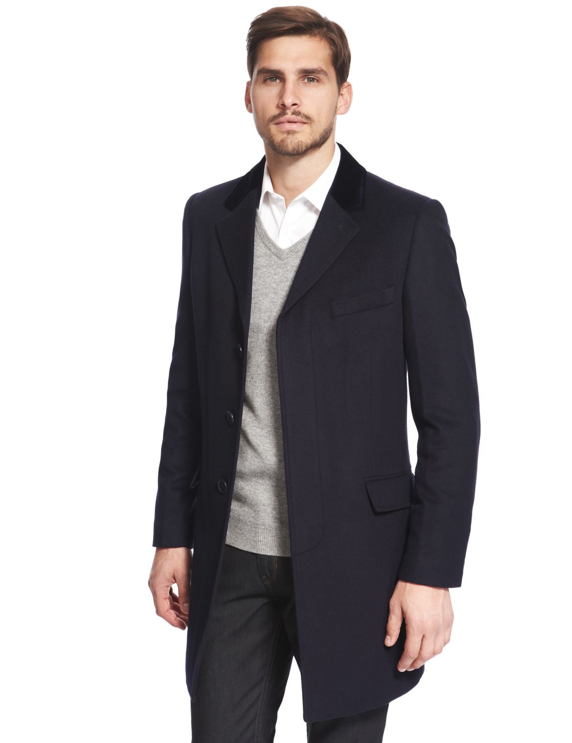 Wool Rich Velvet Collar Overcoat With Cashmere Dark Navy | Tanoodle