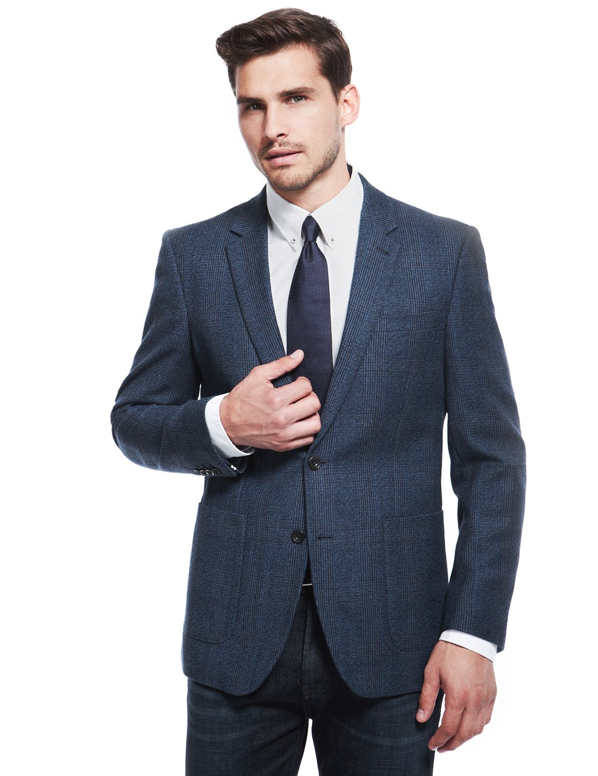 Pure Wool Slim Fit 2 Button Prince Of Wales Check Jacket Blue | Tanoodle