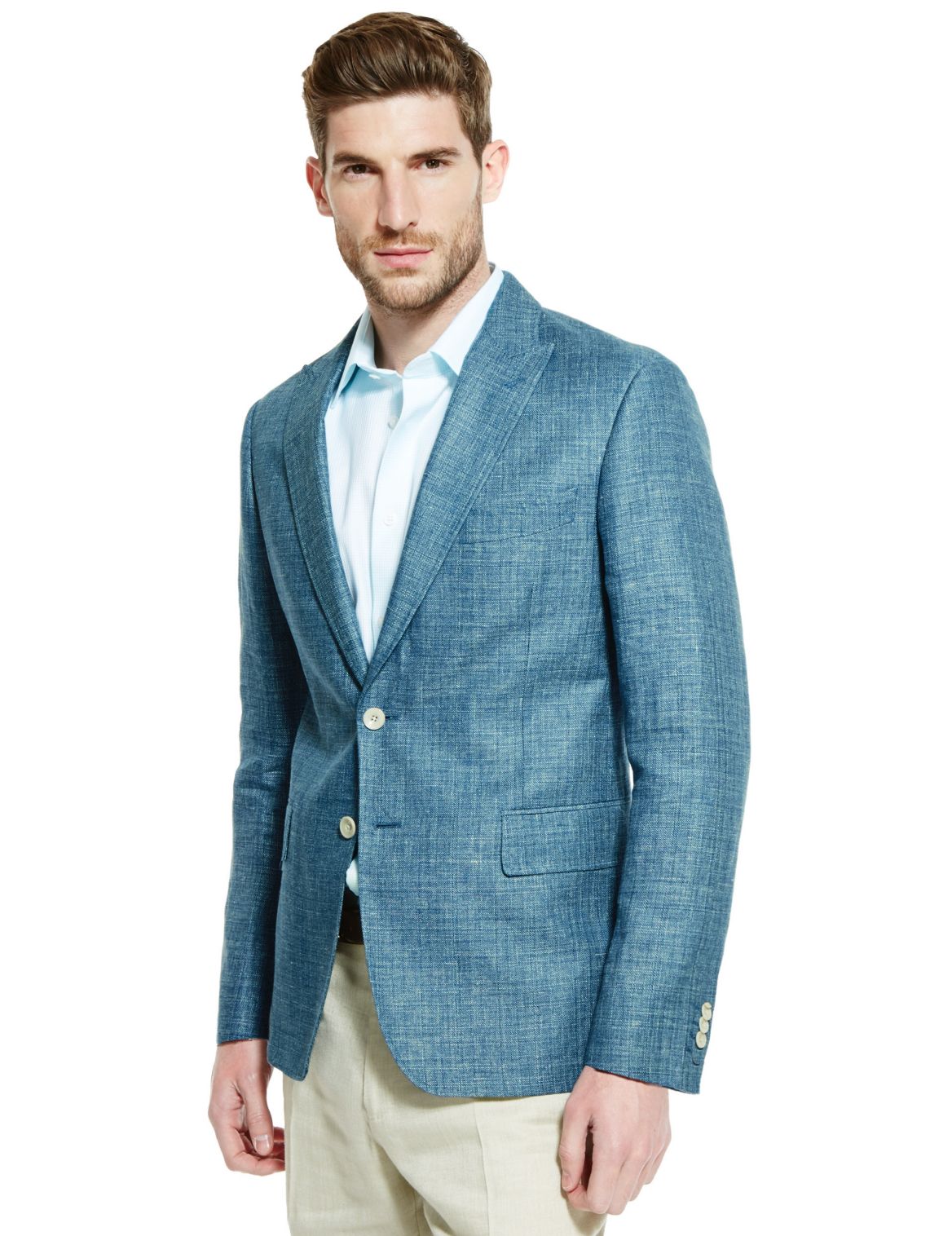 Linen Blend Tailored Fit 2 Button Textured Jacket With Wool Aqua | Edgemix
