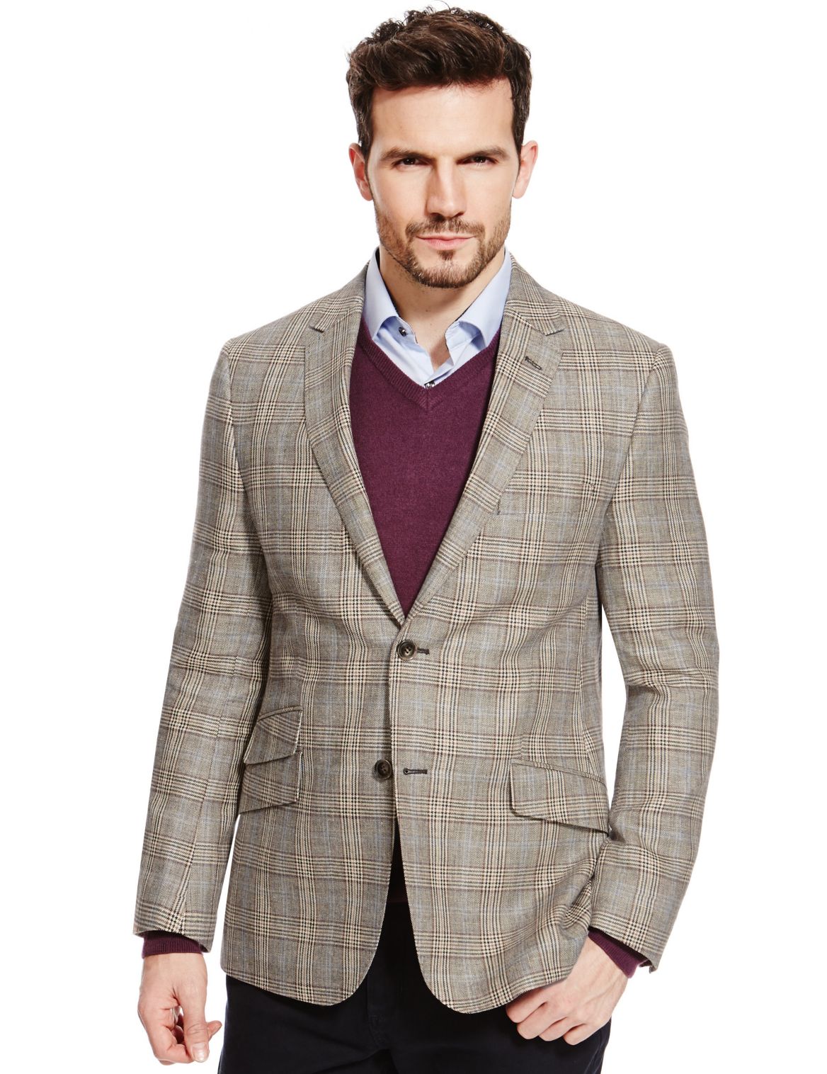 Wool Blend Tailored Fit Check Jacket With Linen Neutral | Edgemix