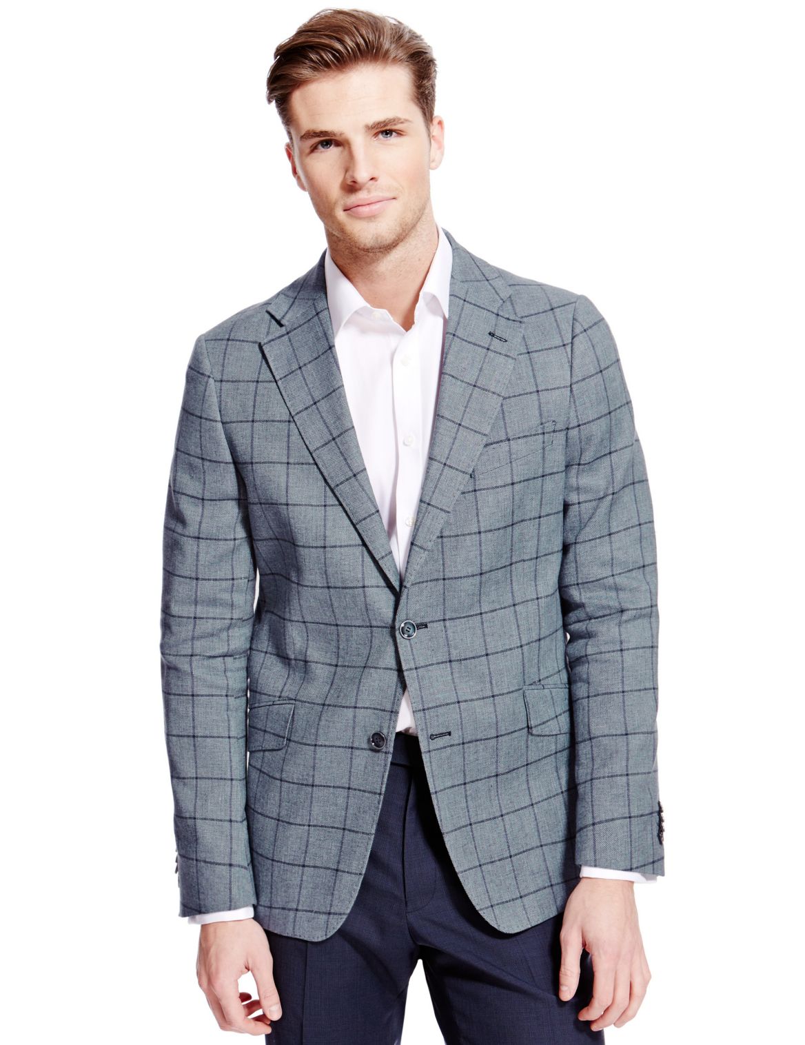 Tailored Fit Window Pane Check Jacket With Linen Blue | Edgemix