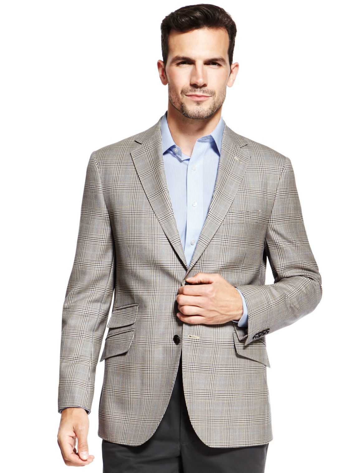 Pure New Wool Prince Of Wales 2 Button Check Jacket Neutral | Tanoodle