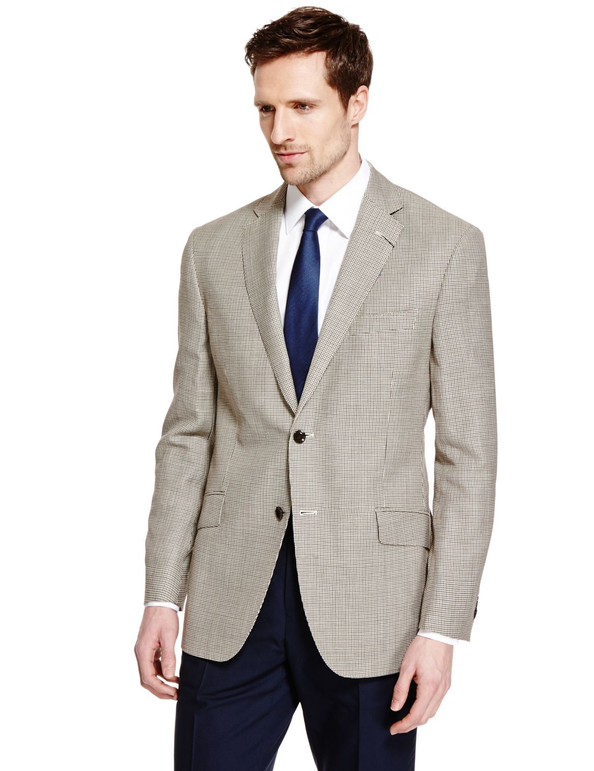 Wool Rich 2 Button Puppytooth Checked Jacket With Linen Neutral | Edgemix