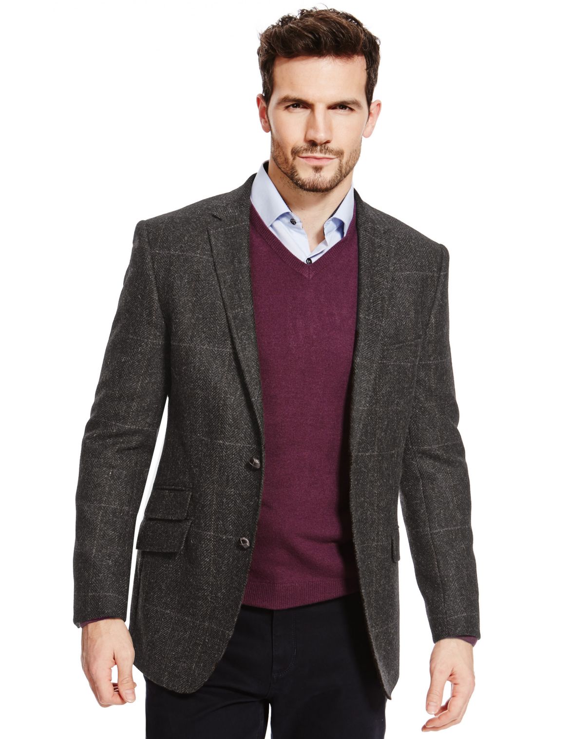 Pure Wool Tailored Fit 2 Button Check Jacket Brown Mix | Edgemix