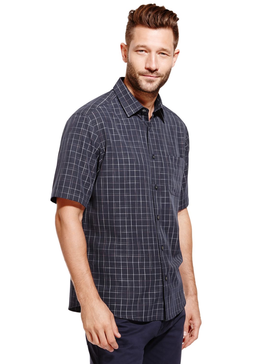 Easy Care Soft Touch Checked Shirt Navy | Myvee