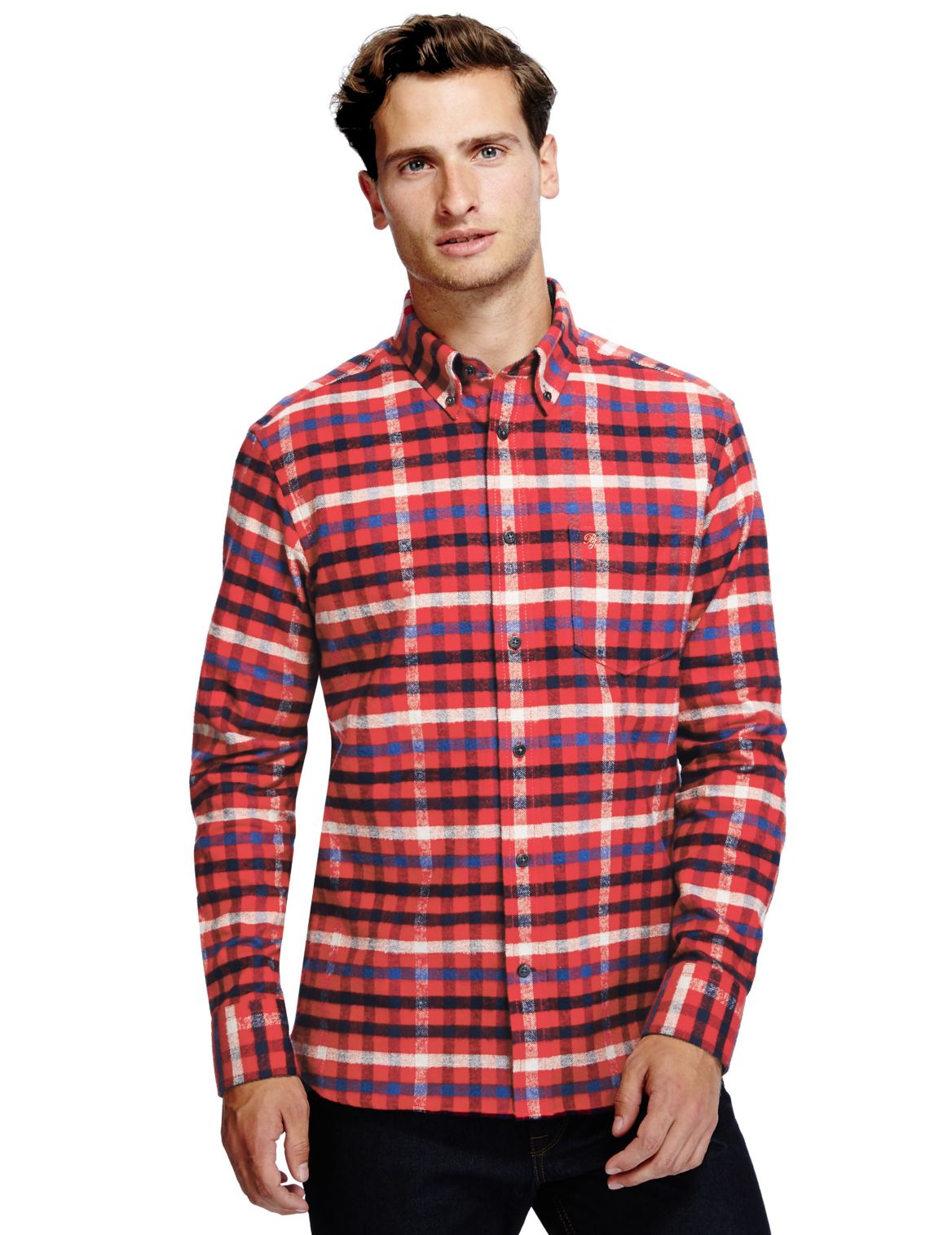 Pure Brushed Cotton Thermal Grid Checked Twill Shirt Red | Vootz