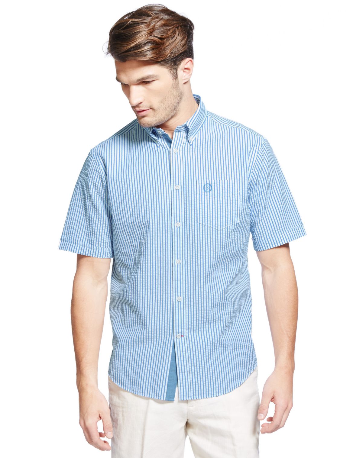 Pure Cotton Seersucker Striped Shirt Blue | Twittercast