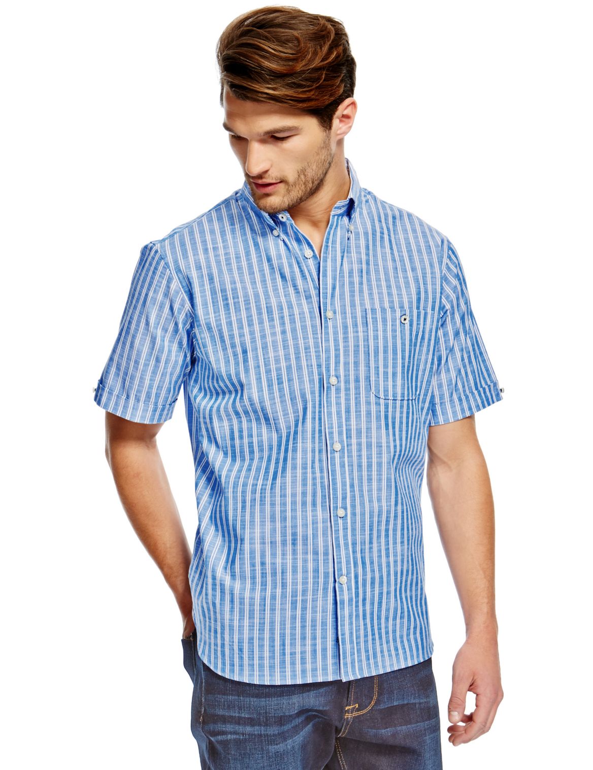 Pure Cotton Short Sleeve Slub Striped Shirt Cornflower – Wikimba