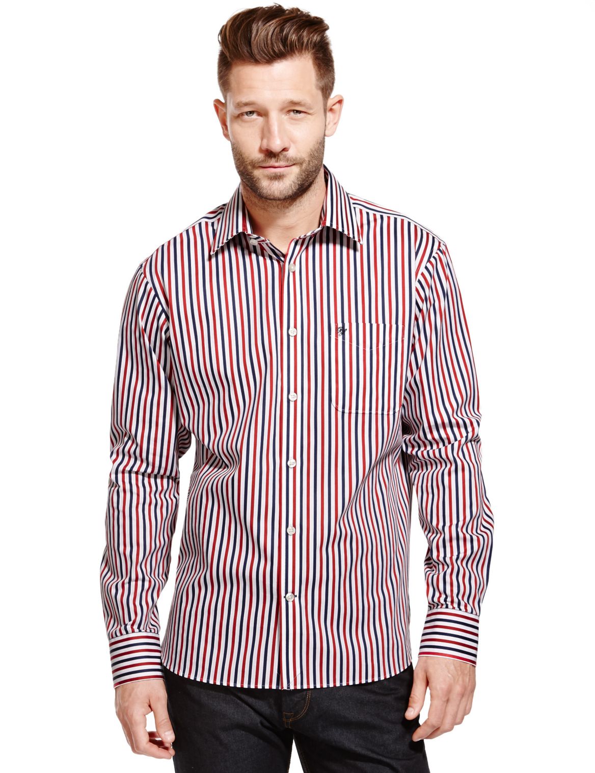 Pure Cotton Tailored Fit Striped Shirt Red Mix – Plape