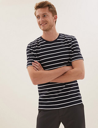 Marks and Spencer Marks & Spencer M&S Relaxed FIT Nautical Navy & White Striped T-Shirt TOP TEE