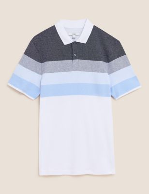 Pure Cotton Striped Double Knit Polo Shirt