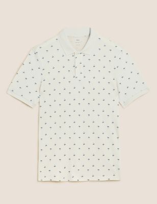 Pure Cotton Pique Palm Print Polo Shirt