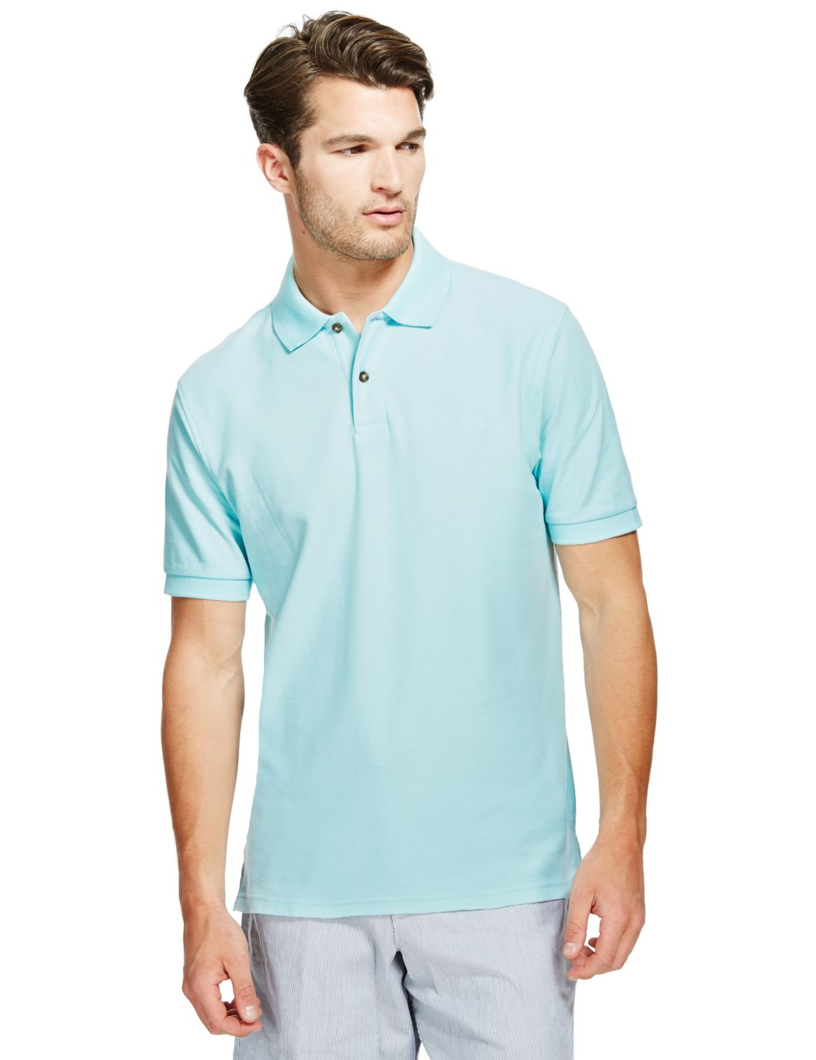 Pure Cotton Polo Shirt With Staynewâ ¢ Dusted Aqua | Myvee